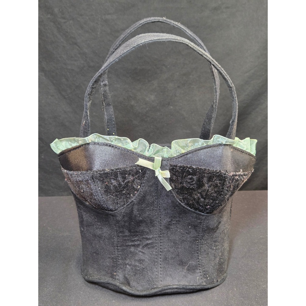 Black Velvet Corset Handbag with Mint Green Lace Up Detail and Ruffle Trim Y2K